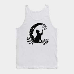 Wicca Crescent Moon Black Cat Pentacle And Stars Tank Top